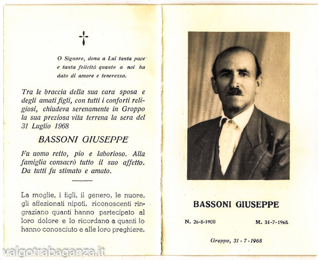 Bassoni Giuseppe (26 agosto 1900 – 31 luglio 1968) ricordino