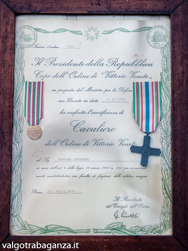 Bassoni Giuseppe Diploma di cavaliere di Vittorio Veneto